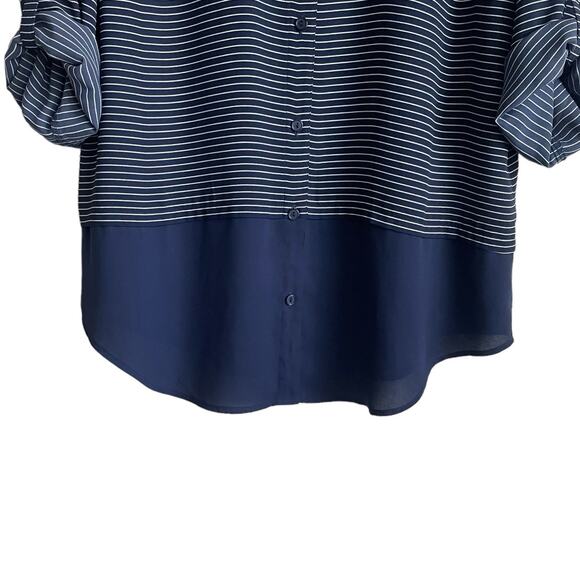 Chicos Women Top L Navy Striped Button Up‎ Casual Workwear Preppy Modern Chic - Picture 8 of 11